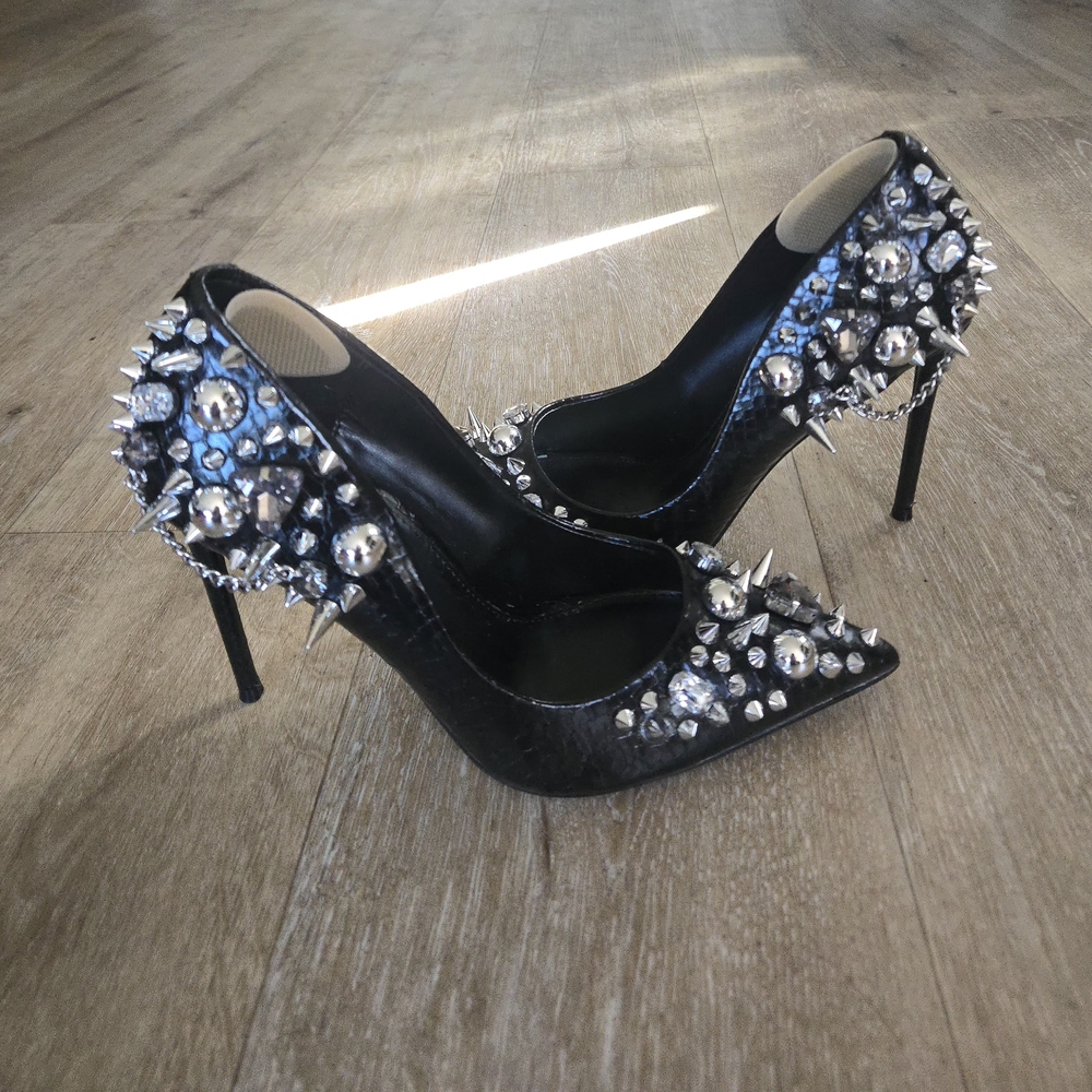 Steve Madden Black Heels with Silver and Blue Studs